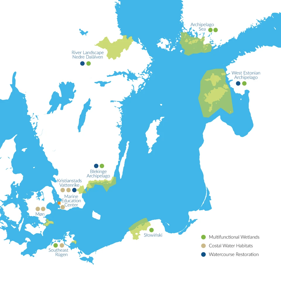 Kort over Østersøområdet med markering af biosfæreområder i projektet